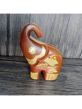 Handcrafted Wooden Elephant Figurine With Ornate Asian Veneer Accents 4", Trunk